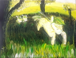 Size: 1080x832 | Tagged: safe, artist:euspuche, oc, oc:pica, oc:pierrot fisher, oc:sifir, pony, acrylic painting, forest, traditional art, tree