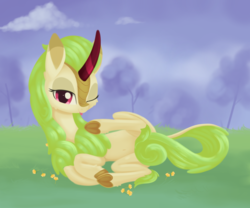 Size: 1710x1421 | Tagged: safe, artist:dusthiel, spring glow, kirin, g4, covering, digital art, female, heart, hoof heart, prone, smiling, solo, tail covering, tongue out
