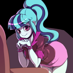 Size: 2800x2800 | Tagged: safe, artist:rockset, sonata dusk, human, equestria girls, g4, my little pony equestria girls: rainbow rocks, bent over, chair, clothes, cute, female, high res, looking at you, miniskirt, nail polish, ponytail, skirt, smiling, solo, sonatabetes, spiked wristband, wavy mouth, wristband