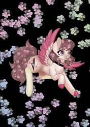Size: 1000x1414 | Tagged: safe, artist:shareakitkat, oc, oc only, pegasus, pony, choker, flower, flower in hair, knife, nail polish, one eye closed, solo, two toned wings, wings, wink
