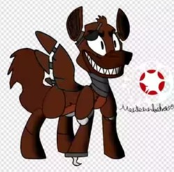 Size: 663x655 | Tagged: safe, fox, pegasus, pony, robot, robot pony, alpha channel, animatronic pony, base used, crossover, eyepatch, fangs, five nights at freddy's, foxy, hook, logo, male, movieunleashers, ponified, smiling, solo, text