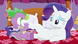 Size: 1182x676 | Tagged: safe, artist:porygon2z, rarity, spike, dragon, pony, unicorn, g4, bed, duo, featureless crotch, female, fetish, hoof fetish, hoof on face, male, mare, on bed, pillow, ship:sparity, shipping, straight