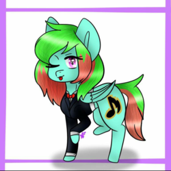Size: 800x801 | Tagged: safe, artist:wolfy dawn, oc, oc only, oc:precised note, pegasus, pony, bowtie, clothes, cute, cutie mark, looking at you, one eye closed, purple eyes, signature, simple background, smol, tongue out, tuxedo, wings, wink