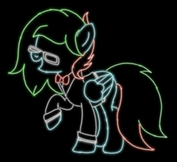 Size: 735x674 | Tagged: safe, artist:skycloud, oc, oc only, oc:precised note, pegasus, pony, bowtie, clothes, glasses, glowing, neon, no eyes, open mouth, outline, raised hoof, tuxedo, wings