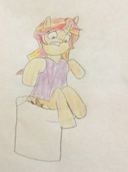 Size: 772x1034 | Tagged: safe, artist:snipiper, sunset shimmer, pony, unicorn, g4, but why, female, implied pooping, sitting on toilet, solo, story included, stuck, toilet, traditional art