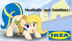 Size: 2000x1150 | Tagged: safe, artist:rainbow eevee, oc, oc only, oc:kia ikea, pony, clothes, cute, female, ikea, irl, looking at you, open mouth, photo, ponified, solo, sweden, swedish flag