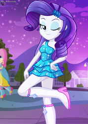 Size: 569x801 | Tagged: safe, artist:charliexe, fluttershy, rarity, equestria girls, g4, adorasexy, beautiful, beautisexy, blue eyes, blue eyeshadow, clothes, cute, dress, eyeshadow, fall formal outfits, legs, looking at you, makeup, night, one eye closed, raised leg, raribetes, schrödinger's pantsu, seductive wink, sexy, smiling, solo focus, standing, standing on one leg, stupid sexy rarity, thighs, wink, woman
