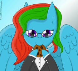 Size: 800x728 | Tagged: safe, artist:herotwilight1111, oc, oc only, oc:precised note, pegasus, pony, alternate hairstyle, bowtie, clothes, cookie, eating, food, glasses, looking at you, nom, signature, tuxedo