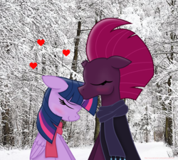 Size: 4330x3900 | Tagged: safe, artist:ejlightning007arts, tempest shadow, twilight sparkle, alicorn, pony, unicorn, g4, blushing, broken horn, clothes, cute, eyes closed, female, horn, kiss on the head, kissing, lesbian, scarf, ship:tempestlight, shipping, snow, tree, twilight sparkle (alicorn), winter