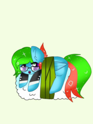 Size: 800x1059 | Tagged: safe, artist:starrynote, oc, oc only, oc:precised note, pegasus, pony, clothes, food, glasses, looking at you, ponies in food, ponies in sushi, sushi, tiny, tiny ponies, tuxedo, wings, wrong mane