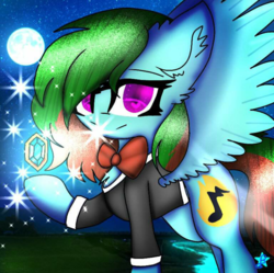 Size: 800x797 | Tagged: safe, anonymous artist, oc, oc only, oc:precised note, pegasus, pony, bowtie, clothes, cutie mark, fluffy, gem, heart eyes, looking at you, looking back, looking back at you, moon, night, presenting, raised hoof, river, scenery, signature, smiling, sparkles, spread wings, tuxedo, wingding eyes, wings