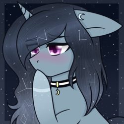 Size: 894x894 | Tagged: safe, artist:okimichan, oc, oc only, oc:moonheart, pony, unicorn, blushing, constellation, eye clipping through hair, female, floppy ears, jewelry, mare, necklace, solo