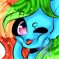 Size: 800x798 | Tagged: safe, anonymous artist, oc, oc only, oc:precised note, pegasus, pony, heart eyes, hooves on cheeks, looking at you, mlem, one eye closed, signature, silly, tongue out, wingding eyes, wink