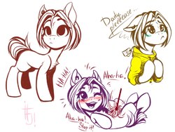 Size: 1280x960 | Tagged: safe, artist:falafeljake, oc, oc only, oc:lazzy butt, earth pony, pony, belly, belly play, blushing, chest fluff, clothes, duster, floppy ears, hoodie, laughing, sketch, solo, tickling