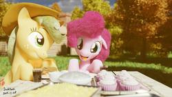 Size: 1024x576 | Tagged: safe, artist:dashyoshi, applejack, pinkie pie, earth pony, pony, g4, 3d, blender, blender cycles, cupcake, duo, food, holiday, thanksgiving, tree