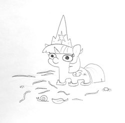 Size: 1381x1361 | Tagged: safe, artist:tjpones, twilight sparkle, oc, oc:puddle worms™, alicorn, pony, snail, spider, worm, g4, the last problem, clothes, crown, female, grayscale, hoof shoes, jewelry, leaf, mare, monochrome, oversized clothes, princess shoes, regalia, solo, traditional art, twiggie