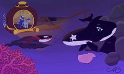 Size: 1154x692 | Tagged: safe, artist:captainfish, oc, oc:captain fish, oc:star plume, giant squid, orca, pony, squid, bathysphere, scallop, ship wreck, underwater
