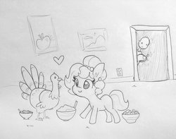 Size: 1716x1355 | Tagged: safe, artist:tjpones, oc, oc only, oc:brownie bun, oc:richard, bird, earth pony, human, turkey, horse wife, female, grayscale, heart, herbivore, herbivore vs omnivore, holiday, mare, monochrome, omnivore, pencil drawing, thanksgiving, traditional art