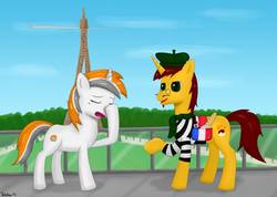 Size: 1058x755 | Tagged: safe, artist:shivanking, oc, oc only, oc:bakpony, oc:belle eve, pony, unicorn, alcohol, baguette, bread, duo, eiffel tower, facehoof, female, food, france, male, mare, neogaf, paris, stallion, wine