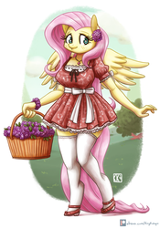 Size: 1473x2100 | Tagged: safe, artist:king-kakapo, fluttershy, pegasus, anthro, unguligrade anthro, g4, basket, breasts, busty fluttershy, clothes, dress, female, flower, flower in hair, mare, patreon, patreon logo, scenery, shoes, solo, stockings, thigh highs