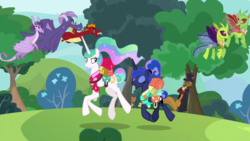 Size: 1920x1080 | Tagged: safe, screencap, capper dapperpaws, garble, princess celestia, princess luna, prominence, vex, alicorn, cat, changedling, changeling, dragon, pony, anthro, between dark and dawn, g4, chest fluff, dragoness, female, male, mare, trotting