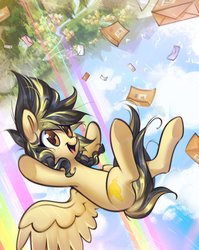 Size: 2394x3005 | Tagged: safe, artist:mirroredsea, oc, oc only, oc:lightning chaser, pegasus, pony, g4, cloudsdale, commission, courier, eye clipping through hair, falling, female, freefall, high res, mail, mailpony, mare, ponyville, rainbow, scenery, smiling, solo, spread wings, underhoof, upside down, wings