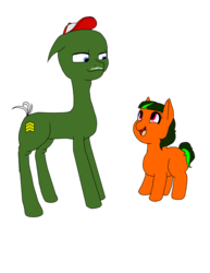 Size: 618x800 | Tagged: safe, artist:madamesaccharine, oc, oc:green beret, oc:puzzling insanity, earth pony, pony, elderly, father and daughter, female, filly, male, younger