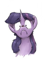 Size: 3000x4000 | Tagged: safe, artist:rigbyh00ves, twilight sparkle, insect, ladybug, pony, g4, :c, bust, coccinellidaephobia, female, frown, insect on nose, mare, portrait, scared, shrunken pupils, simple background, solo, twilight hates ladybugs, white background