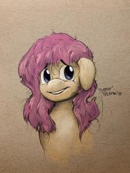 Size: 1920x2560 | Tagged: safe, artist:rigbyh00ves, fluttershy, pegasus, pony, g4, bust, female, floppy ears, folded wings, looking at you, mare, open mouth, portrait, smiling, solo, stray strand, three quarter view, traditional art, wings