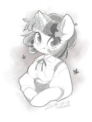 Size: 1300x1720 | Tagged: safe, artist:potetecyu_to, twilight sparkle, anthro, semi-anthro, g4, arm hooves, beret, breasts, bust, chestbreasts, cute, female, grayscale, hat, monochrome, simple background, solo, twiabetes, white background