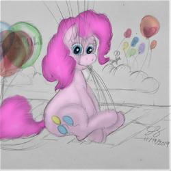 Size: 1080x1080 | Tagged: safe, artist:thegreatmewtwo, pinkie pie, earth pony, pony, g4, balloon, cute, female, looking at you, mare, mouth hold, sitting, smiling, solo