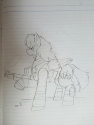 Size: 1536x2048 | Tagged: safe, artist:omegapony16, oc, oc only, pegasus, pony, bandage, clothes, gun, lineart, lined paper, pegasus oc, soldier, solo, traditional art, unshorn fetlocks, vest, weapon, wings