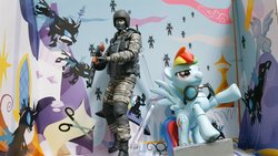 Size: 1024x576 | Tagged: safe, rainbow dash, changeling, human, pegasus, pony, a canterlot wedding, g4, camouflage, clothes, face mask, female, figurine, goggles, gun, helmet, irl, mare, photo, scissors, soldier, toy, weapon