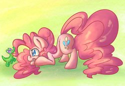 Size: 2048x1413 | Tagged: safe, artist:leadhooves, gummy, pinkie pie, alligator, earth pony, pony, g4, colored pupils, cute, diapinkes, duo, face down ass up, female, male, mare, open mouth, profile