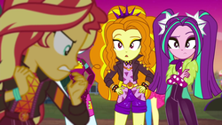 Size: 1920x1080 | Tagged: safe, screencap, adagio dazzle, aria blaze, pinkie pie, sonata dusk, sunset shimmer, equestria girls, equestria girls specials, g4, my little pony equestria girls: better together, my little pony equestria girls: sunset's backstage pass, clothes, female, geode of empathy, greenbutt pants, hand on hip, jacket, magical geodes, minidress, music festival outfit, pigtails, raised eyebrow, shorts, spiked wristband, surprised, taco dress, the dazzlings, twintails, wristband