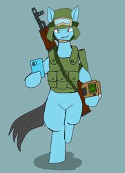 Size: 1247x1721 | Tagged: safe, artist:omegapony16, oc, oc only, earth pony, pony, armor, bipedal, cellphone, earth pony oc, gun, hoof hold, male, phone, pipboy, simple background, smartphone, soldier, solo, stallion, weapon