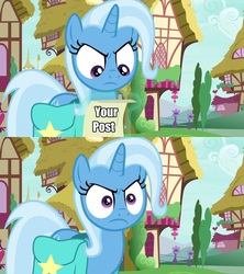 Size: 1920x2160 | Tagged: safe, edit, edited screencap, editor:abronyaccount, screencap, trixie, pony, unicorn, g4, student counsel, angry, bag, caption, faic, female, forum weapon, horn, image macro, impact font, levitation, looking down, magic, mare, meme, paper, ponyville, purple eyes, reaction image, saddle bag, scroll, solo, telekinesis, text, that post gave me cancer, trixie is not amused, unamused, what the fuck am i reading