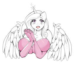 Size: 900x797 | Tagged: safe, artist:knightdd, princess cadance, alicorn, anthro, g4, big breasts, breasts, busty princess cadance, cleavage, clothes, dress, evening gloves, female, gloves, huge breasts, long gloves, magic, open mouth, partial color, sketch, solo, upper body