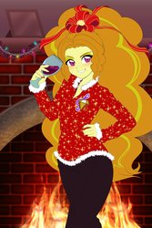Size: 1360x2040 | Tagged: safe, artist:rileyav, adagio dazzle, equestria girls, adoragio, alcohol, blushing, bow, christmas, christmas lights, cute, cutie mark on clothes, disguise, disguised siren, female, fire, fireplace, glass, hair bow, hand on hip, holiday, ribbon, smiling, solo, stupid sexy adagio dazzle, wine, wine glass
