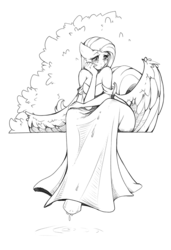Size: 751x1100 | Tagged: safe, artist:knightdd, fluttershy, pegasus, anthro, unguligrade anthro, g4, bush, clothes, crying, dress, female, grayscale, large wings, monochrome, sitting, sketch, solo, spread wings, water, wings
