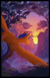 Size: 1395x2160 | Tagged: safe, artist:kassandravuds, oc, oc only, oc:crushingvictory, pegasus, pony, bridge, ears up, male, solo, spread wings, stallion, sunset, tree, valley, wings