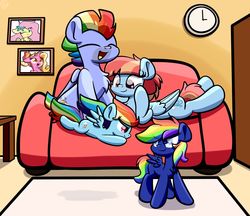 Size: 1920x1656 | Tagged: dead source, safe, artist:php142, bow hothoof, fluttershy, luster dawn, rainbow dash, windy whistles, oc, pegasus, pony, unicorn, g4, secrets and pies, alternate universe, chest fluff, clock, colt, couch, evil pie hater blitz, evil pie hater dash, family, female, filly, male, mare, multicolored hair, picture frame, rainbow hair, rule 63, self paradox, self ponidox, ship:windyhoof, shipping, stallion, straight