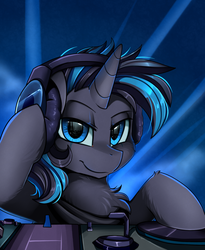 Size: 1446x1764 | Tagged: safe, artist:pridark, oc, oc only, oc:blaze, pony, unicorn, blue eyes, bust, chest fluff, commission, headphones, looking at you, male, portrait, smiling, solo, turntable