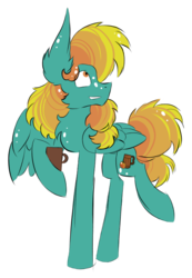 Size: 539x781 | Tagged: safe, artist:hunterthewastelander, oc, oc only, pegasus, pony, chest fluff, cup, ear fluff, freckles, hoof hold, looking up, pegasus oc, raised hoof, simple background, solo, transparent background, wings