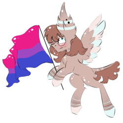 Size: 1000x1000 | Tagged: safe, artist:hunterthewastelander, oc, oc only, pegasus, pony, bisexual pride flag, blushing, colored hooves, ear fluff, flag, glasses, hoof hold, impossibly large ears, pegasus oc, pride, pride flag, rearing, simple background, transparent background, wings, ych result