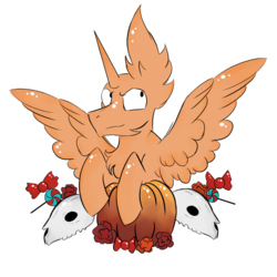 Size: 800x800 | Tagged: safe, artist:hunterthewastelander, oc, oc only, alicorn, pony, alicorn oc, candy, chest fluff, commission, ear fluff, flower, food, horn, impossibly large ears, pumpkin, simple background, skull, solo, spread wings, transparent background, wings, your character here