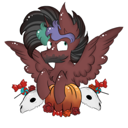 Size: 800x800 | Tagged: safe, artist:hunterthewastelander, oc, oc only, oc:rimfire cazador, alicorn, pony, alicorn oc, candy, chest fluff, commission, ear fluff, flower, food, horn, impossibly large ears, male, pumpkin, simple background, skull, solo, spread wings, stallion, transparent background, wings, ych example, your character here