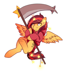 Size: 1258x1315 | Tagged: safe, artist:pomrawr, oc, oc only, oc:stars, pegasus, pony, clothes, ethereal mane, hoodie, pegasus oc, scythe, simple background, solo, spread wings, starry mane, transparent background, underhoof, wings