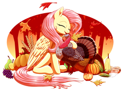 Size: 1230x914 | Tagged: safe, artist:weirdofish, fluttershy, bird, pegasus, pony, turkey, abstract background, apple, autumn, corn, cornucopia, cute, eyes closed, female, food, gourd, grape, holiday, leaf, leaves, mare, open mouth, pear, pumpkin, shyabetes, simple background, sitting, solo, thanksgiving, tree, wheat, white background