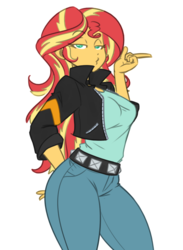 Size: 696x952 | Tagged: safe, artist:reiduran, color edit, colorist:lanceomikron, edit, sunset shimmer, equestria girls, bedroom eyes, belt, big breasts, breasts, busty sunset shimmer, choker, clothes, colored, duckface, female, hand behind back, hand on hip, hips, jacket, jeans, looking at you, pants, pose, sexy, simple background, solo, stupid sexy sunset shimmer, white background, wide hips